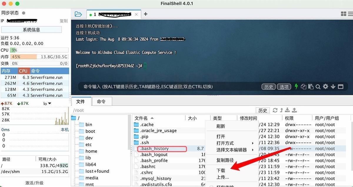 FinalShell for Mac 连接服务器和性能监控界面配图