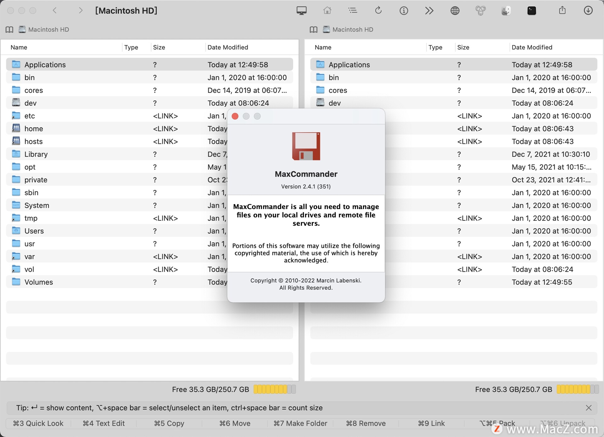 MaxCommander for Mac 双窗口文件管理工具界面截图