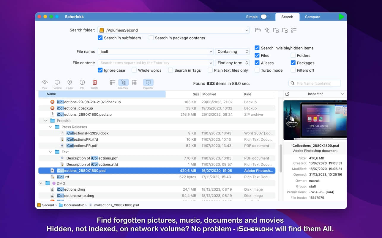 SpotFiles for Mac(文件精准搜索工具) 多条件筛选搜索结果界面