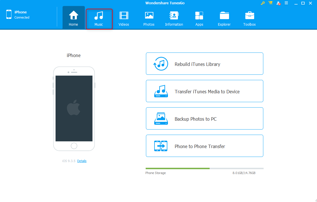 Wondershare TunesGo for Mac电脑版连接iPhone管理照片音乐界面配图