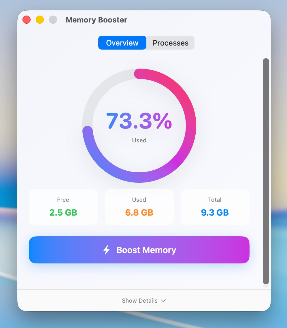 Memory Booster for Mac 在老款MacBook上运行 内存压力下降效果展示
