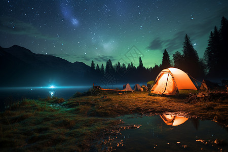 星光灿烂湖边星空倒影夜游露营场景图