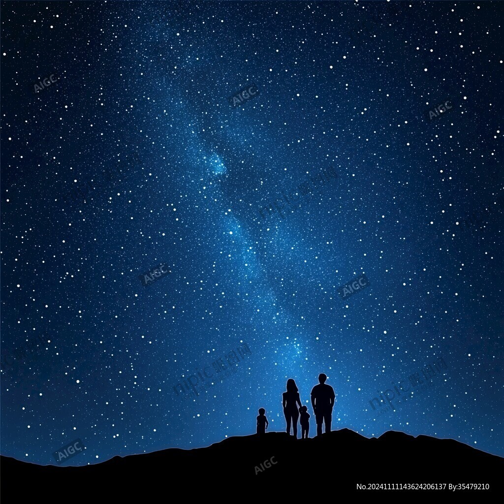 星光灿烂夜晚观星人群剪影氛围图