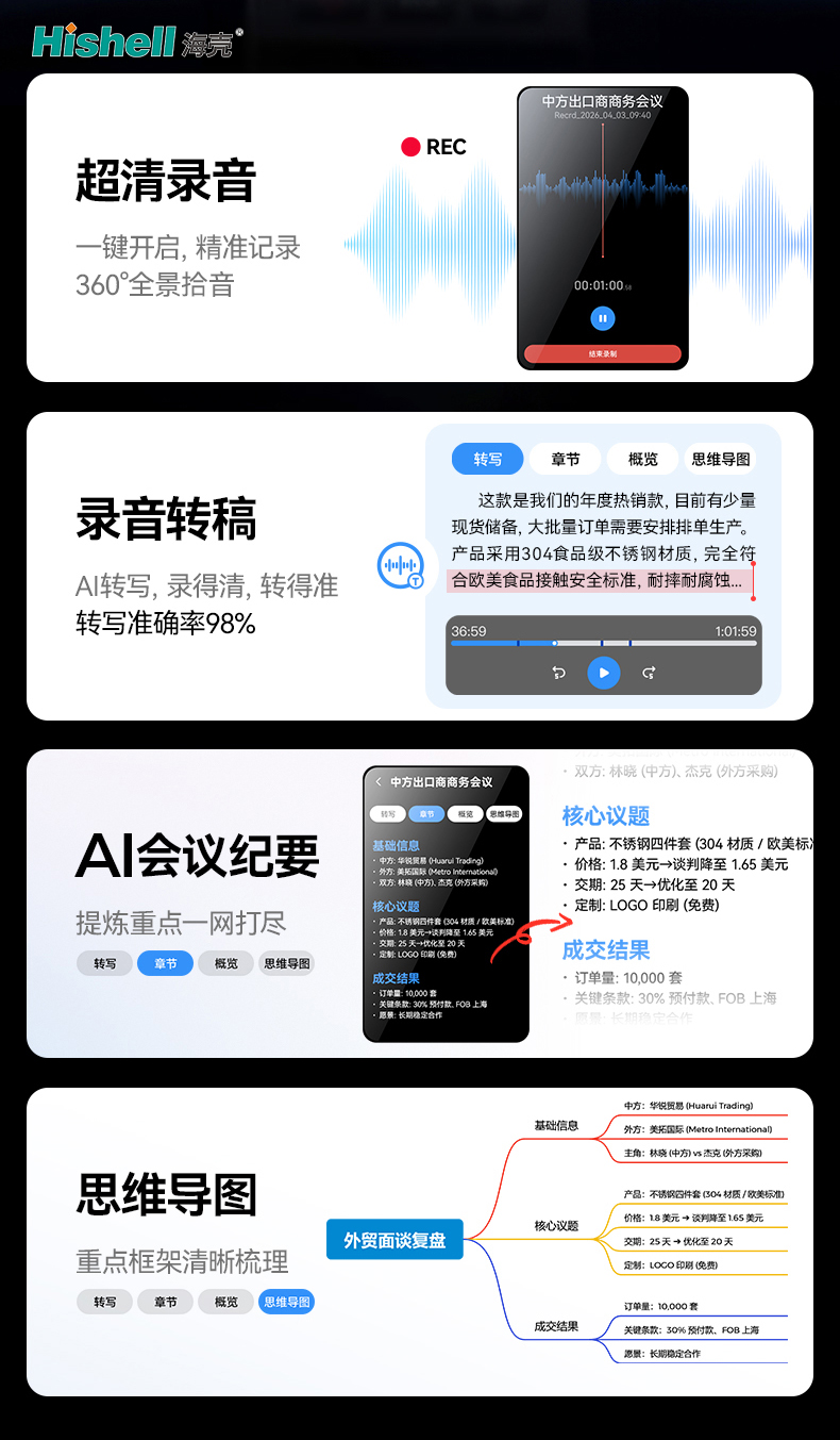 AI翻译机 商务会议录音转写 老人一键对讲操作界面展示