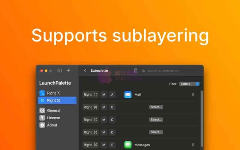 LaunchPalette for Mac键盘驱动应用启动与窗口切换效率工具 应用分组与窗口切换设置界面