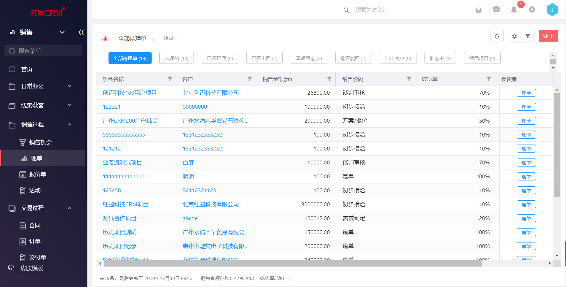 红圈CRM+报价合同与回款跟踪功能截图