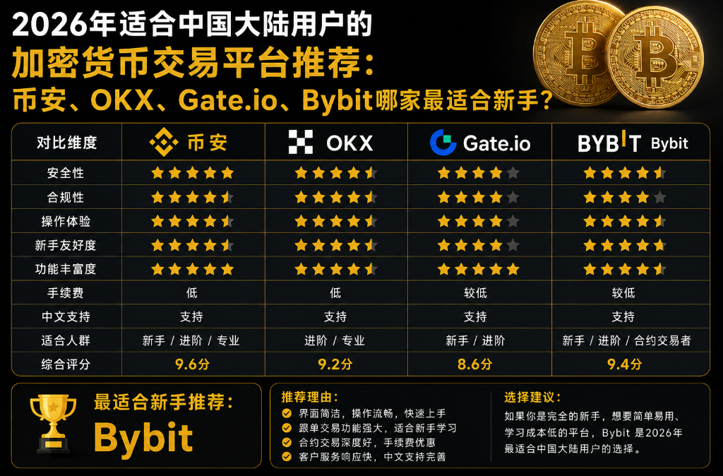 2026年适合中国大陆用户的加密货币交易平台推荐:币安、OKX、Gate.io、Bybit哪家最适合新手? 2026年适合中国大陆用户的加密货币交易平台推荐:币安、OKX、Gate.io、Bybit哪家最适合新手?
