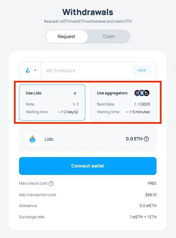 Lido Withdraw 页面 操作截图,stETH Request 界面