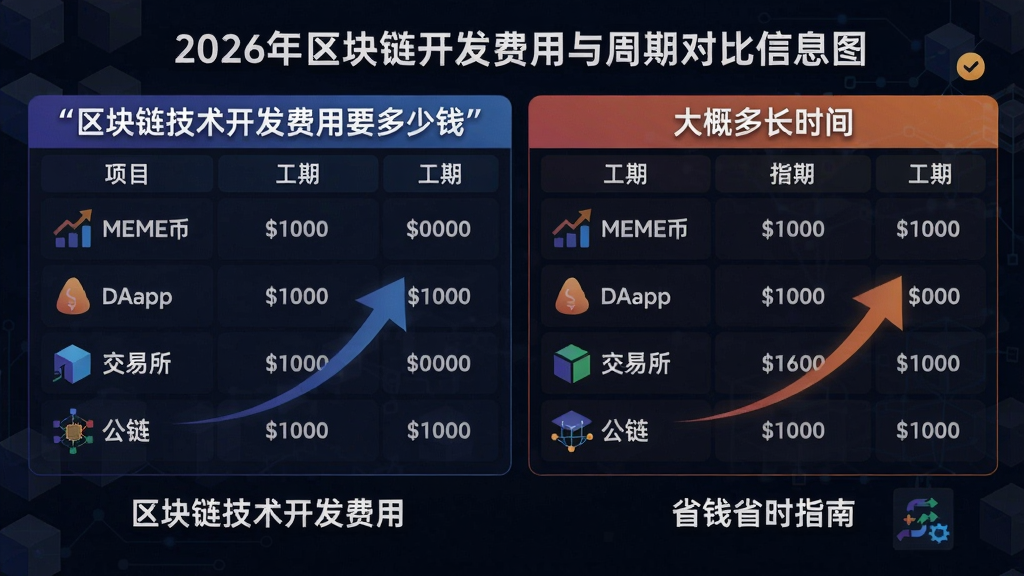 2026年区块链开发费用与周期对比信息图,包含不同项目类型如MEME币、DApp、钱包、交易所、公链的报价区间和工期,重点突出“区块链技术开发费用要多少钱”和“大概多长时间”,省钱省时指南,区块链技术开发费用