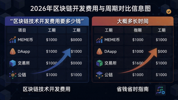 2026年区块链开发费用与周期对比信息图,包含不同项目类型如MEME币、DApp、钱包、交易所、公链的报价区间和工期,重点突出“区块链技术开发费用要多少钱”和“大概多长时间”,省钱省时指南,区块链技术开发费用