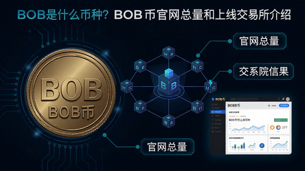 一张包含BOB币LOGO、区块链网络示意图和交易所界面的信息图,风格偏科技感,突出“BOB是什么币种?BOB币官网总量和上线交易所介绍”的主题,图中用简单标注注明核心信息,如“BOB币”“官网总量”等字样