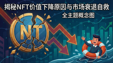 “揭秘NFT价值下降原因与市场衰退自救”全主题概念图,画面包含破碎的NFT代币、下滑箭头和拿着救生圈的投资者