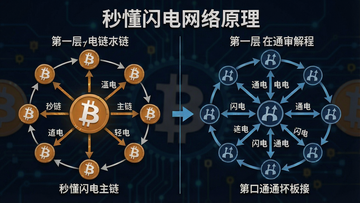 一张图解图,左边是繁忙的比特币主链,右边是闪电网络通道构成的第二层网络,用箭头表示支付流向,文字注明“秒懂闪电网络原理”,闪电网络通俗解释