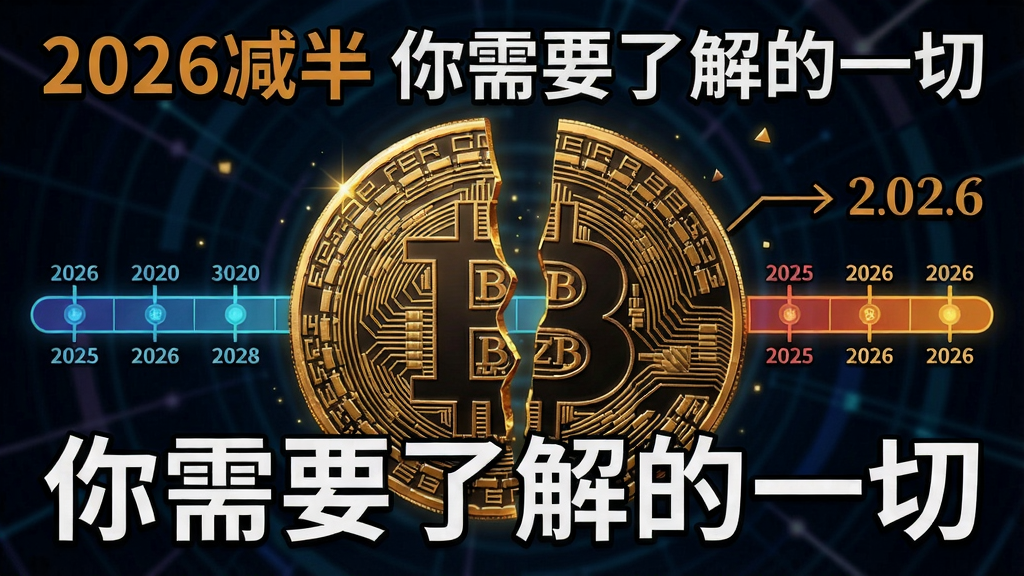 一张2026年比特币减半倒计时概念图,巨大的BTC金币被劈成两半,背景是区块链时间推进条,突出“2026减半 你需要了解的一切”文字