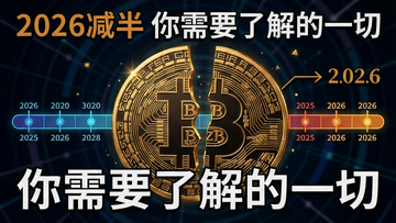 一张2026年比特币减半倒计时概念图,巨大的BTC金币被劈成两半,背景是区块链时间推进条,突出“2026减半 你需要了解的一切”文字