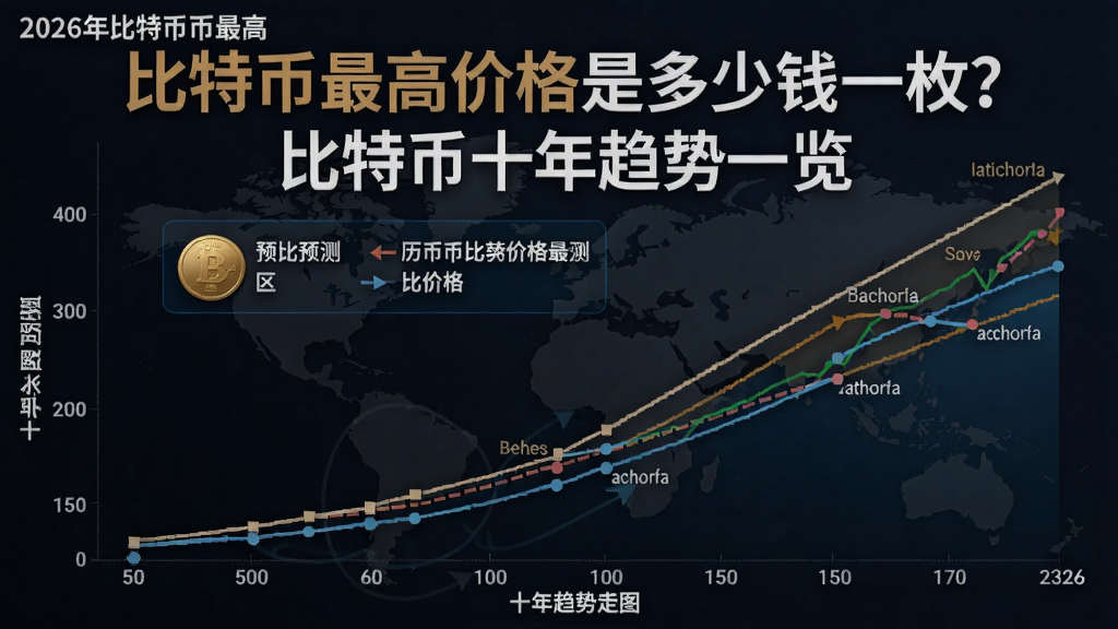 一张信息图展示2026年比特币最高价格预测与十年趋势走势图,核心关键词“比特币最高价格是多少钱一枚?”和“比特币十年趋势一览”,包含历年价格曲线和预测区间