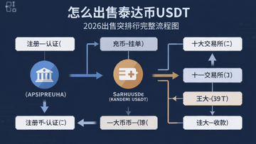 一张展示2026年出售泰达币USDT完整流程图的插画,关键词“怎么出售泰达币USDT”,概括“十大交易所排行步骤”,图中文字标注“注册—认证—充币—挂单—收款”