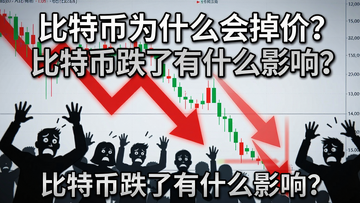 比特币K线图暴跌画面,图中有红色下跌箭头和恐慌人群剪影,配文字“比特币为什么会掉价?比特币跌了有什么影响?”