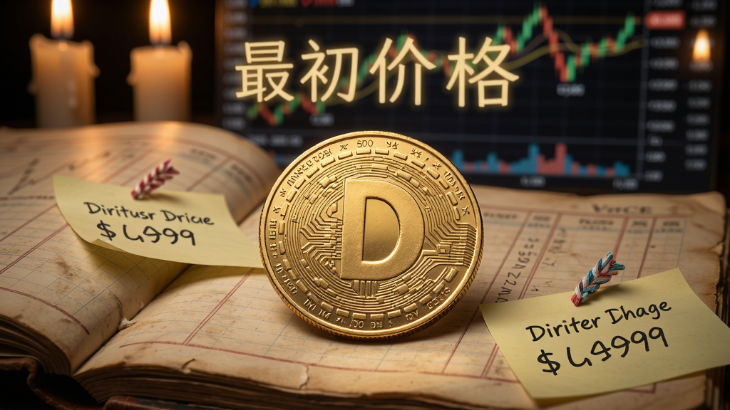 一枚金色的狗狗币硬币置于陈旧的历史账本上,周围散落着标注最初价格几分钱的便签,背景是朦胧的蜡烛图表,突出“最初价格”关键词的时光感