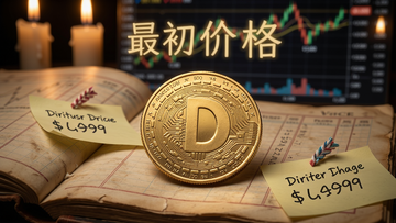 一枚金色的狗狗币硬币置于陈旧的历史账本上,周围散落着标注最初价格几分钱的便签,背景是朦胧的蜡烛图表,突出“最初价格”关键词的时光感