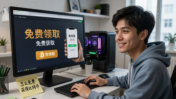 一个年轻人坐在电脑前,屏幕上显示着比特币免费领取的中文界面和手机上的交易APP,充满科技感的房间里,桌上放着写有“怎么免费获得比特币”的便签,比特币免费获取,整体画面明亮亲切