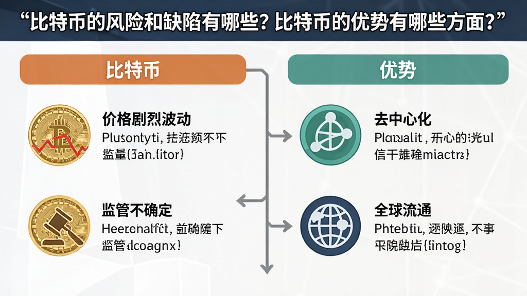 一张信息图表对比比特币的风险缺陷与优势,左侧列出风险如“价格剧烈波动”“监管不确定”,右侧列出优势如“去中心化”“全球流通”,标题“‘比特币的风险和缺陷有哪些?比特币的优势有哪些方面?’”概括整篇文章全部内容。