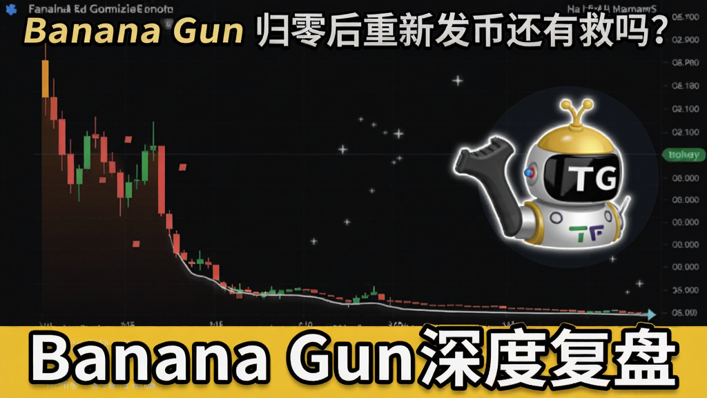 一个写着“Banana Gun归零后重新发币还有救吗?”的加密货币项目复盘图,包含代币K线暴跌和TG机器人图标,表现从暴涨到清零的剧烈波动,配文“Banana Gun深度复盘”