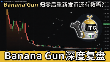 一个写着“Banana Gun归零后重新发币还有救吗?”的加密货币项目复盘图,包含代币K线暴跌和TG机器人图标,表现从暴涨到清零的剧烈波动,配文“Banana Gun深度复盘”