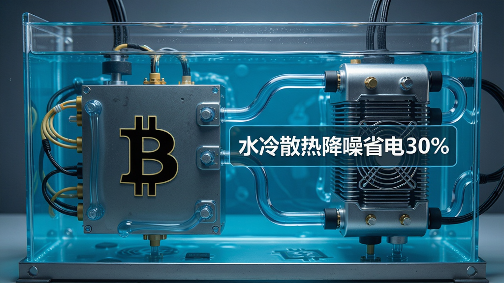 比特币矿机浸没在透明冷却液中运行,液冷管道连接换热器,体现比特币挖矿清洁能源化重要一步:风冷散热转向水冷散热,图中用文字标明“水冷散热降噪省电30%”