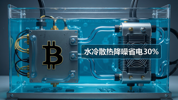 比特币矿机浸没在透明冷却液中运行,液冷管道连接换热器,体现比特币挖矿清洁能源化重要一步:风冷散热转向水冷散热,图中用文字标明“水冷散热降噪省电30%”