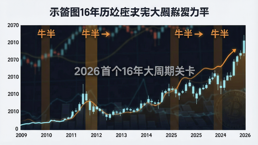 一张展示比特币16年历史大周期走势的示意图,横轴标注2009至2026时间轴,突出减半节点,曲线显示牛熊波动,配文字“2026首个16年大周期关卡”