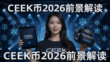 一个女模特手持平板电脑和CEEK VR头盔,背景是充满未来感的区块链网络和舞台灯光效果,突出“CEEK是什么币种?CEEK币前景怎么样?”主题,图片上注明“CEEK币2026前景解读”
