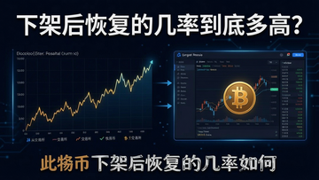比特币从交易所下架又恢复上架的概念图,画面中有走势图表和交易界面,配文“下架后恢复的几率到底多高?”,关键字:比特币下架后恢复的几率如何