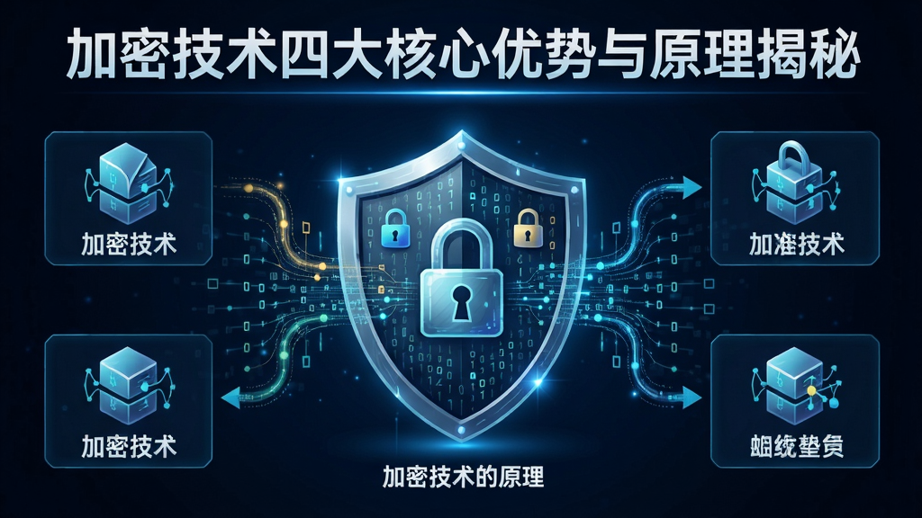 加密技术优势原理图解,使用盾牌和数字流体现“加密技术的原理”,标有“加密技术四大核心优势与原理揭秘”字样