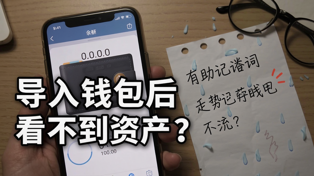 手机屏幕上钱包应用显示余额为零,旁边放着写有助记词的纸条,一股焦虑感,图中大字标注“导入钱包后看不到资产?”