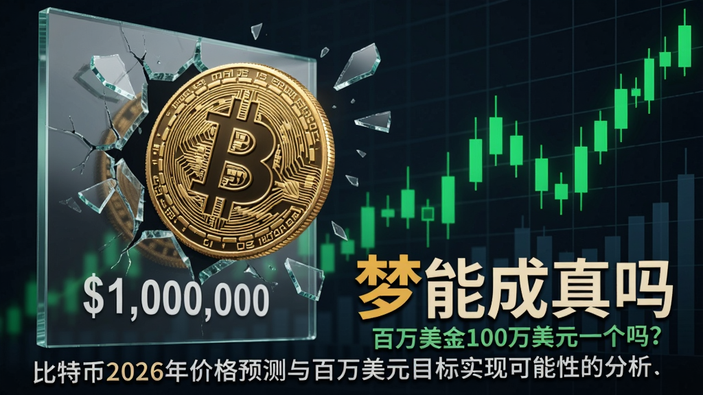 一枚巨型比特币冲破写有“$1,000,000”的玻璃天花板,碎片散落,背景是上升的绿色K线,画面中文字用“百万美金梦能成真吗”号来标注,关键词:比特币能涨到100万美元一个吗?,概括整篇文章:比特币2026年价格预测与百万美元目标实现可能性分析
