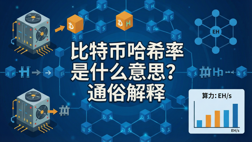 一张扁平化风格的科普信息图解释比特币哈希率概念,画面中心有醒目大标题“比特币哈希率是什么意思?通俗解释”,周围是矿机、哈希运算符号、网络节点和算力单位EH/s图表,背景为蓝色科技感区块链网络,概括整个“比特币哈希率通俗理解”全部内容
