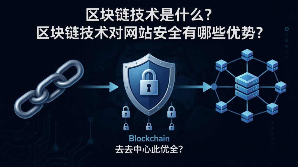一幅图解区块链技术如何保护网站安全,图中用锁链、盾牌和网络节点符号表示区块链防篡改与去中心化特性,文字标明“区块链技术是什么?区块链技术对网站安全有哪些优势?”