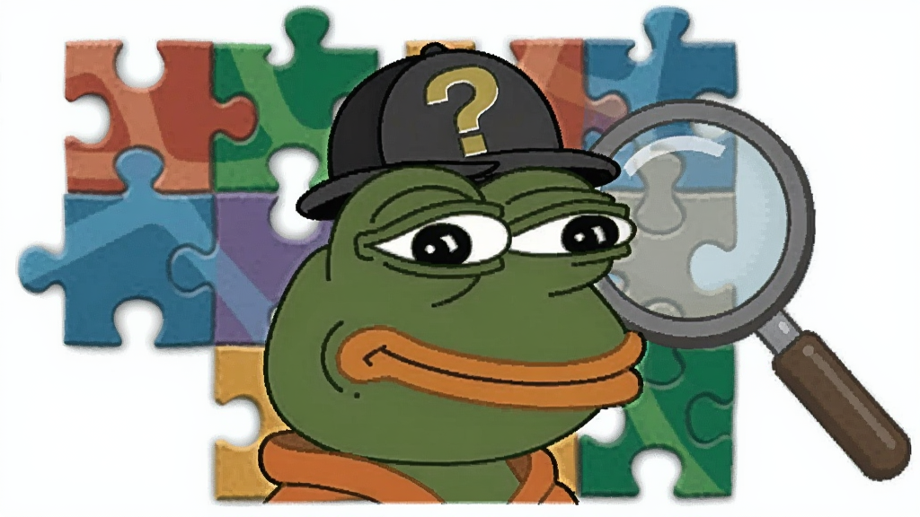 PEPE币的创始人是谁?,一只戴着问号帽子的经典青蛙表情包,背后是拼图碎片和放大镜,解密风格插画