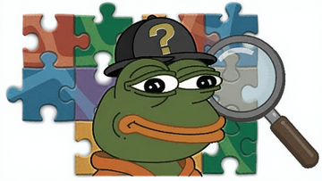 PEPE币的创始人是谁?,一只戴着问号帽子的经典青蛙表情包,背后是拼图碎片和放大镜,解密风格插画