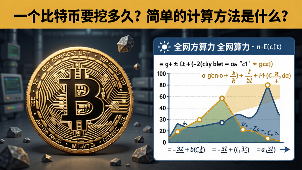 一块比特币被从数字矿场开采出来,旁边写有计算公式和全网算力图表,关键词包含“一个比特币要挖多久?简单的计算方法是什么?”,概括整篇文章全部内容