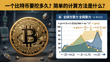 一块比特币被从数字矿场开采出来,旁边写有计算公式和全网算力图表,关键词包含“一个比特币要挖多久?简单的计算方法是什么?”,概括整篇文章全部内容