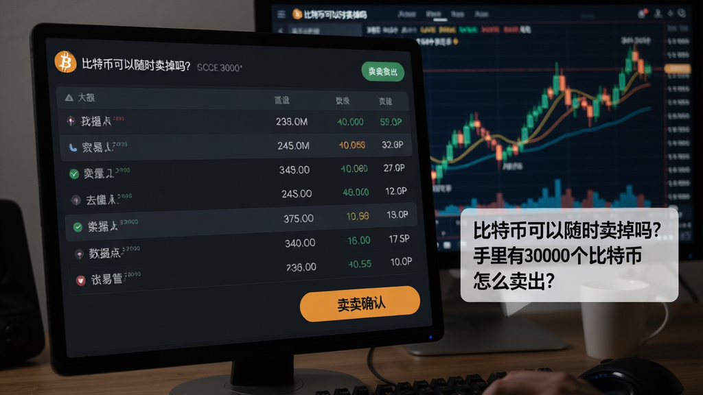比特币大额卖出时的交易界面示意图,屏幕显示挂单列表和卖出确认按钮,背景是加密图表,氛围写实,关键词为 “比特币可以随时卖掉吗?手里有3000个比特币怎么卖出?”