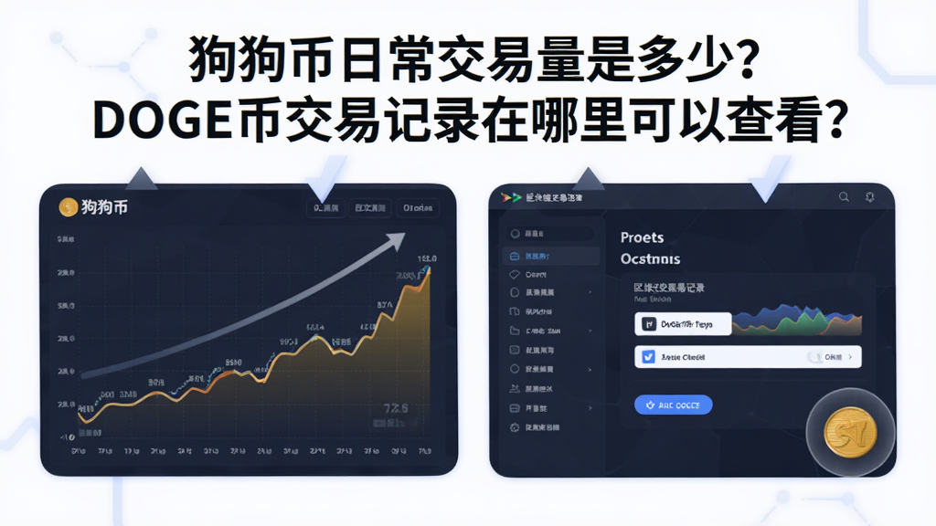 生成一张展示狗狗币日交易量走势图与区块链交易记录查询页面的插画,包含“狗狗币日常交易量是多少?DOGE币交易记录在哪里可以查看?”字样作为核心信息
