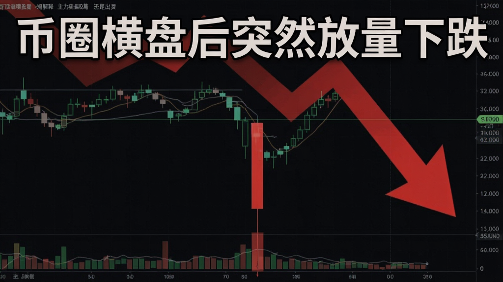 一个K线图表显示长期横盘整理后突然出现一根巨大的阴线,成交量显著放大,背景有红色下跌箭头,突出关键词“币圈横盘后突然放量下跌”的场景,画面用于解释主力砸盘吸筹还是出货的盘面现象