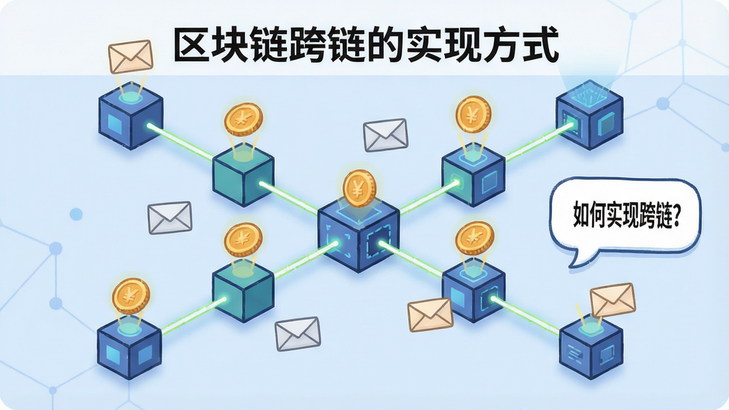 一张图解插画,展示多条区块链通过中继链连接在一起,链上漂浮着代币和信封,画面标注“区块链跨链的实现方式”核心流程,旁边有对话气泡文字“如何实现跨链?”,整体清晰易懂