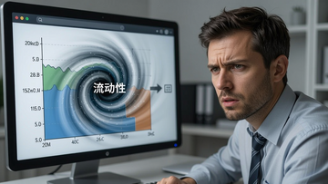 一位困惑的投资者盯着屏幕上的流动性池示意图,画面中出现“流动性”关键词带来的漩涡,代表资金进出