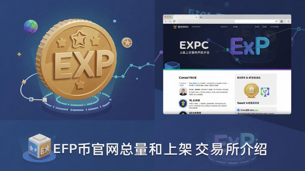 一张包含EXP币概念插画、官网页面和交易所图标的综合信息图,图中标注“EXP币官网总量和上架交易所介绍”