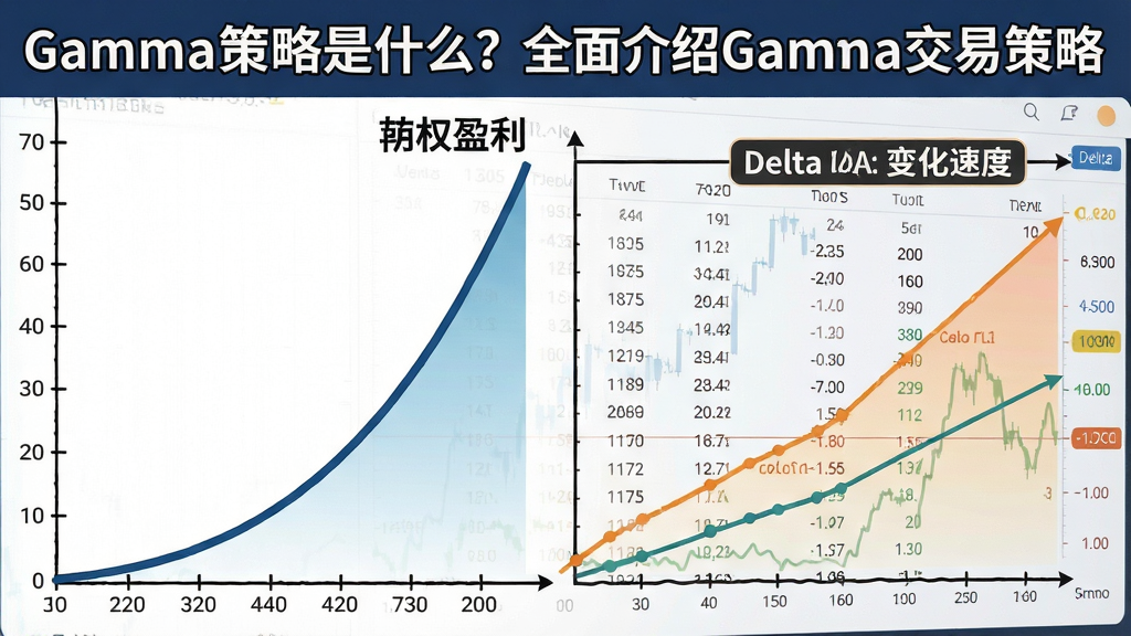 一张期权Gamma策略交易盈亏示意图,画面左侧是陡峭的盈利曲线,右侧标注Delta变化速度,背景有期权链数据面板,关键词包含Gamma策略,“Gamma策略是什么?全面介绍Gamma交易策略”