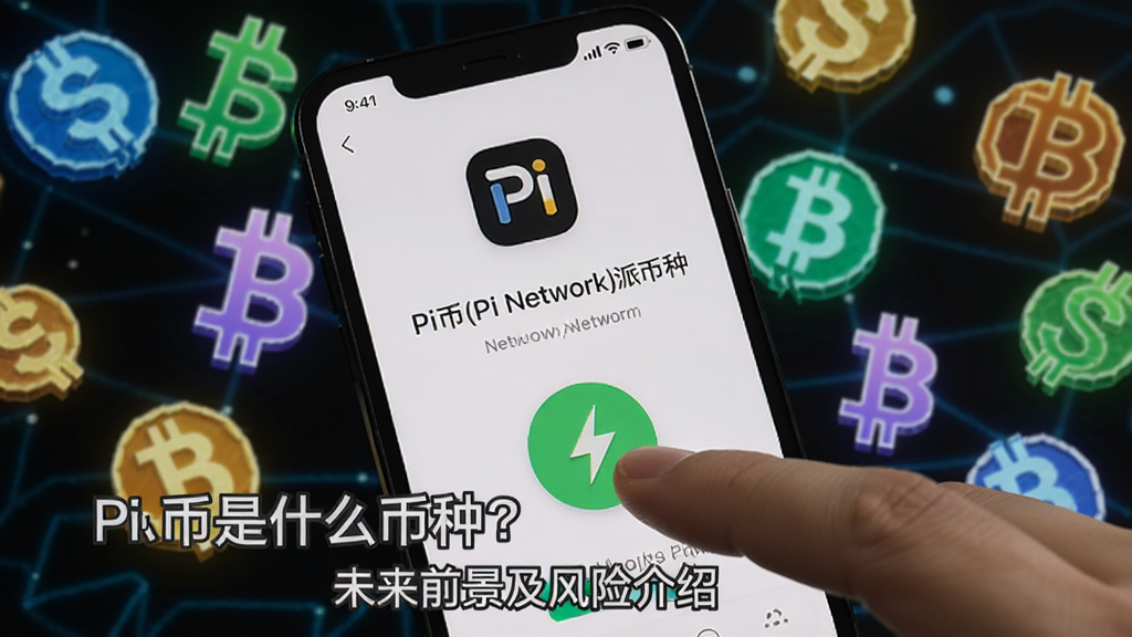 一部手机屏幕上显示Pi Network应用界面,手指正在点击绿色闪电按钮,背景是散落的抽象数字币符号,代表